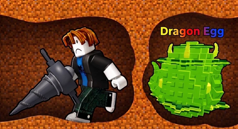 Drill for Eggs key art: a player holding a drill facing a Dragon Egg